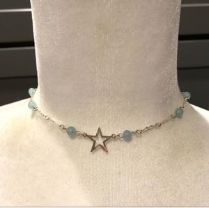 Elegant Feminine Silver choker necklace silver stars & aqua beads on chain.NEW